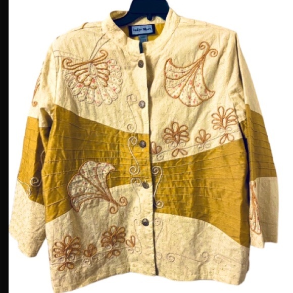 Indigo Moon Yellow & Gold Mix Material Embroidery Appliqué Long Sleeves Jacket - Picture 1 of 6